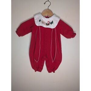 VINTAGE CC BABY Santa Embroidered Romper‎ Coverall Unisex 6-9M Red Holiday 90s